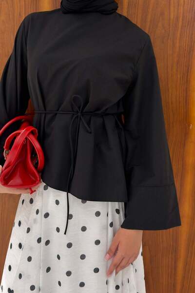 Faya Boutique Siyah Poplin İnce Kemerli Asimetrik Eliane Bluz