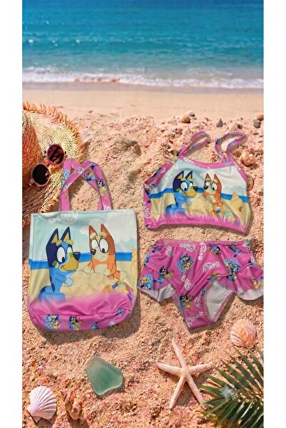 ARBİ kids Girl's Character Patterned Pink Three-Piece Swimsuit