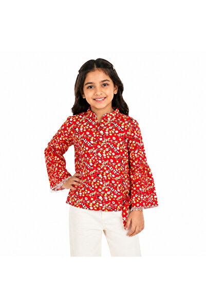 Generic Girls' Red Floral Print Ruffled Sleeve Blouse 6 Years Old 12 Years Old