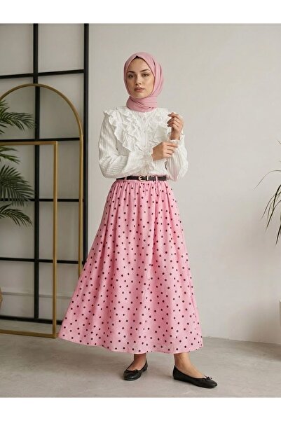 Foremia Belt Detail Polka Dot Skirt-Pink