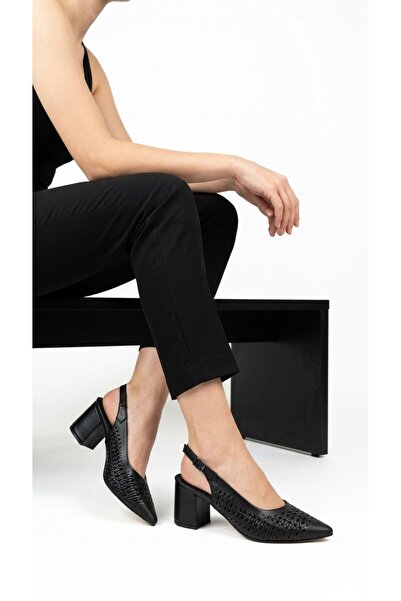 Eysha Yelena Women's Thick Heeled Shoes Laser Cut Perforated Pointed Toe Slin...