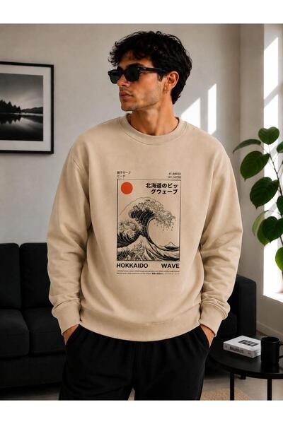caddekombin Unisex Hokkaido and Wave Printed Crew Neck Sweatshirt