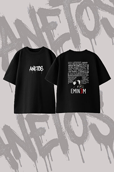 Anetos تي شيرت Eminem_15 ذو تصميم مطبوع وياقة دائرية كبيرة الحجم باللون الأسود