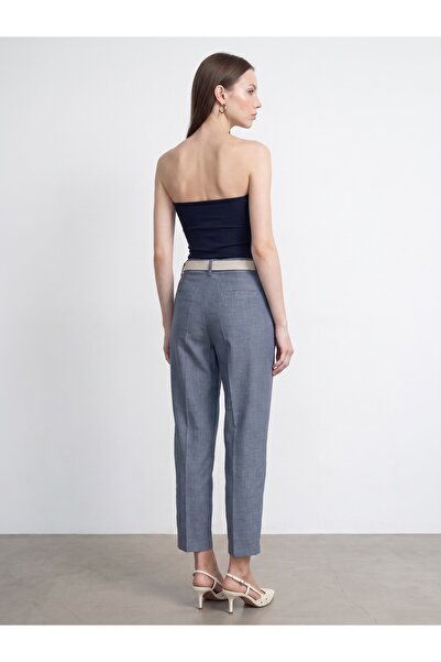 Dilvin 72729 Keten Karışımlı Kemerli Pantolon-Mavi