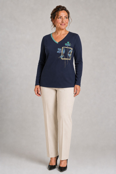 bihan store Women's V-Neck Embroidery Detailed Long Sleeve Combed Cotton Blou...