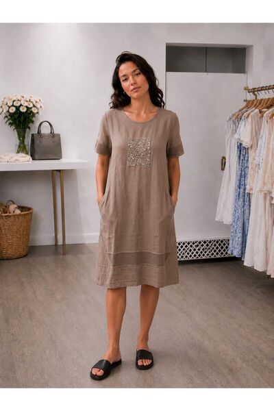 MARE BUTİK Sequin Embroidered Cotton Midi Dress with Mesh Detail - Mink