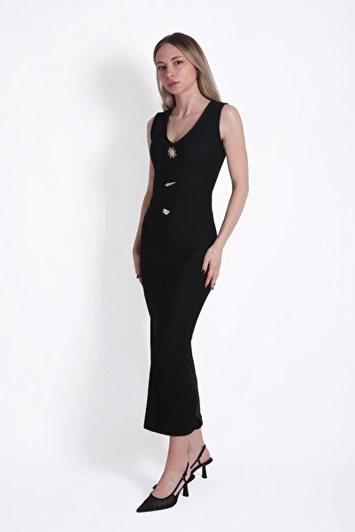 Veni Life Women's V-Neck Sleeveless Long Dress with Accessory Detail and Fron...