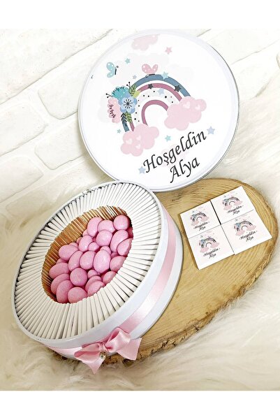 Sweet Story 150 Adet+200 Gr Drajeli Pembe Çiçekli Gökkuşağı Temalı İsme Özel ...
