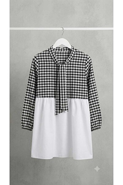 Sublime Butik Women's Shirt Collar Plaid Neck Lace-Up Semi Shirt Tunic Season...
