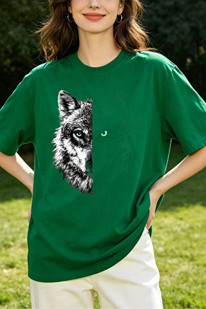 Fleck Womens T Shirts Wolf Face Print Casual Loose Fit Green Top Nature Inspi...