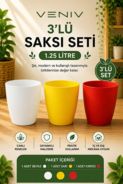 VENİV 3’lü Saksı Seti - Canlı Renkler, Modern Tasarım - Orkide Saksısı 1.25 L