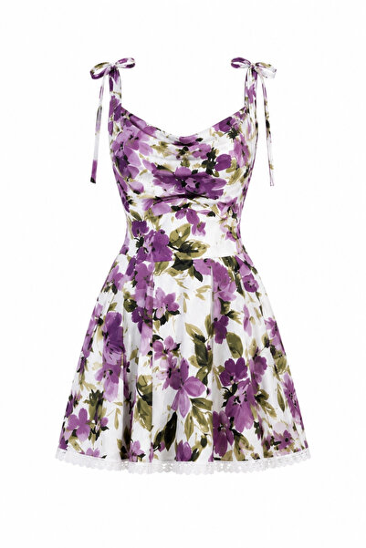 Purple by Banu Beyaz Çiçek Desen Mini Elbise
