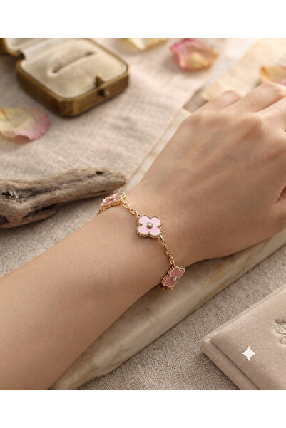 Nazellaa 316L Steel Chain Gold Stone Powder Pink Color Clover Women's Bracelet