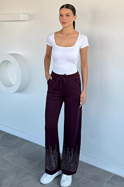 Aryena Plum Women's Modal Fabric Stoned Palazzo Trousers