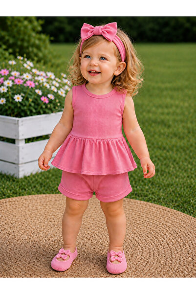 ŞAPKAKİDS Pink Ribbed Bandanali Shorts Set and Pink Ballet Socks Set