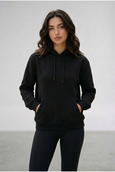 ELAFRO Women's Black Hooded Sweatshirt with Kangaroo Pocket and 3-Thread Flee...