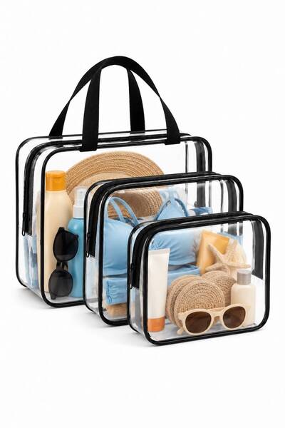 Bambus 3’lü Şeffaf Plaj Makyaj Çantası Seti PVC Kozmetik Organizer Bavul İçi ...