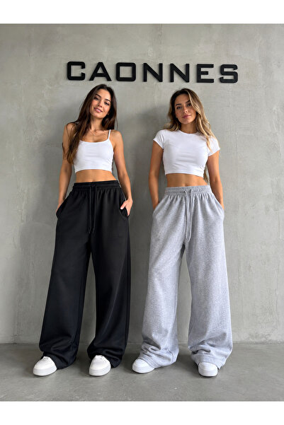CAONNES 2-Piece Women's Sweatpants (Black-Grey) Oversize Baggy Loose Legs