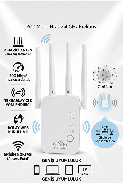3D.era 4 Antenli Kablosuz Sinyal Güçlendirici Menzil Genişletici - 300 Mbps 2...
