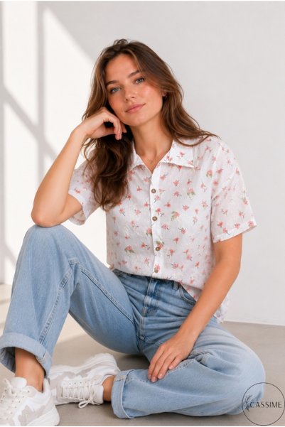 Cassime Women's Pomegranate Flower Mini Floral Short Sleeve Comfortable Fit 100% Cotton Shirt
