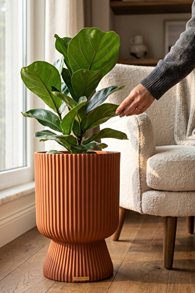 TEMMUZ HOME 1 Adet 10.5 Litre Büyük Boy Çizgili Ayaklı Saksı - Lotus 3 No (Deliksiz Bir Saksıdır)