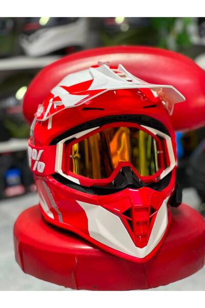 Origial KIRMIZI CROSS ENDURO MOTOSİKLET KASKI GÖZLÜK + İNTERKOM