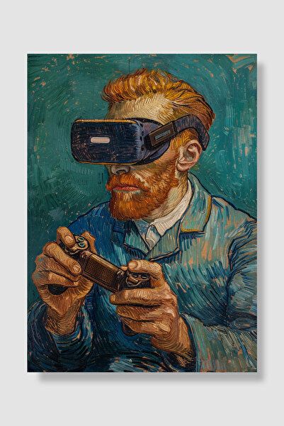 Luna Marissa Poster Van Gogh cu ochelari VR și controler de joc, cu fundal ve...