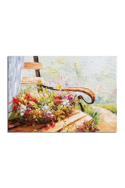 artnova Ръчно рисувана картина: Кошница с цветя на пейката, Прекрасен ден, 70...