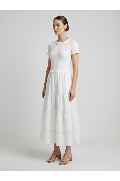 Generic Brand Women's White Lace Detailed Layered Midi Skirt