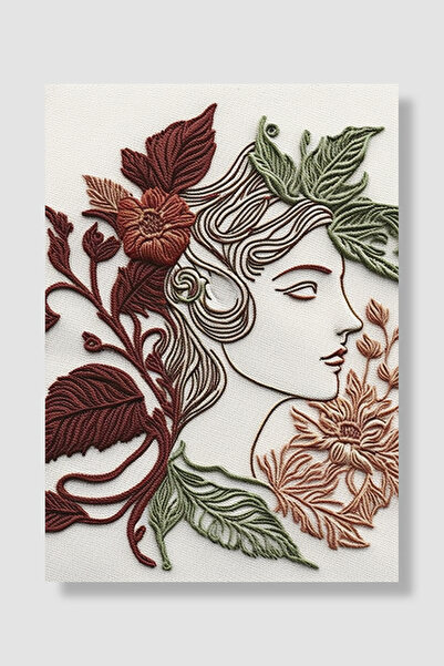 Luna Marissa Poster minimalist pentru femei, stil broderie, profil, flori bur...