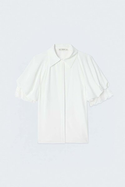 Sateen Short Sleeve Lace Detailed Shirt - Ecru