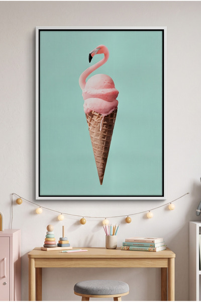 Jasmine Art Flamingo Ice Cream Cone Kids Wall Art | Portrait Framed Canvas Pr...