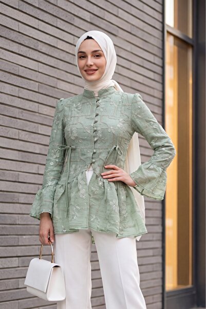Modamorfo Hakim Yaka Front Buttoned Lined Ruffled Polyviscon Tunic - Water Green