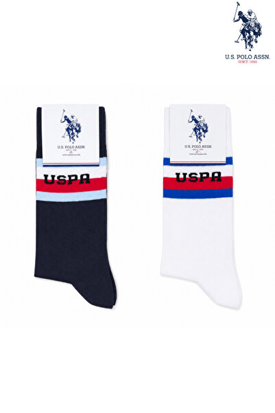 U.S. Polo Assn. 2 Çift Erkek Pamuklu Soket Çorap Beyaz Lacivert Günlük Spor Ç...