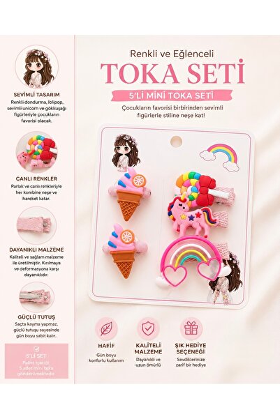 Sanlore 5’li Takım Set Dondurma Unicorn Gökkuşağı Figürlü Klipsli Toka