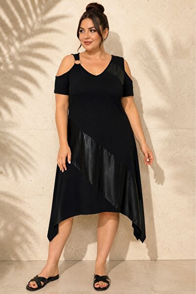 FOR ESRA BIG TREND Women's Plus Size Black Ring Detailed Off-Shoulder Leather...