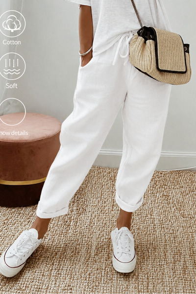 COOL TARZ Women's Linen Blend Elastic Waist Lace-Up Comfortable Fit Pants