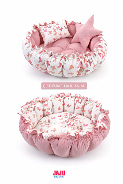 Jaju Baby 3'lü Set Yatak Ve Yastık, Yuvarlak Babynest, Oyun Halısı, Bebek Yatağı
