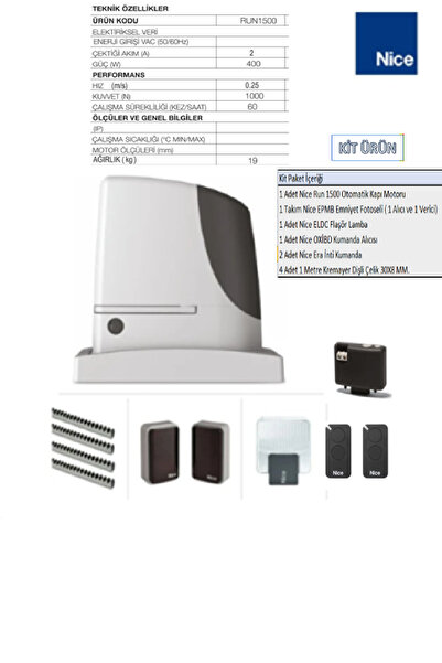 NİCE Run 1500 Kit Yana Kayar Kapı Motoru (Aksesuarlı Kit)
