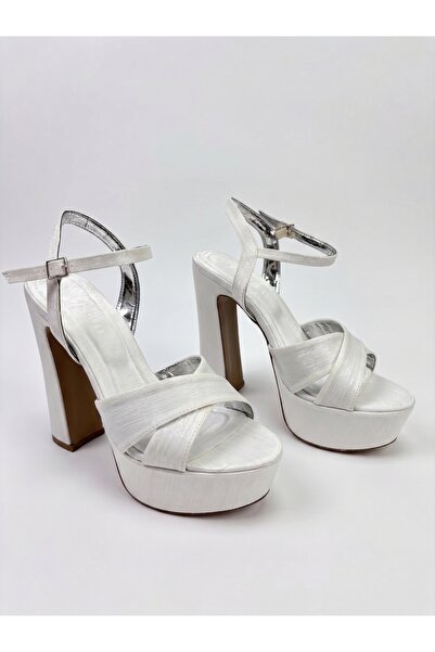 Nubbock Luna White Cross-Strapped Platform 11cm Heeled Evening Dress (Neolit ...