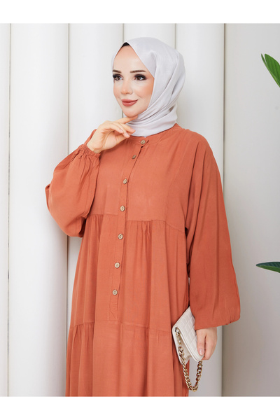 Nevayla Moda فستان فضفاض من الفيسكون بصفائح متعددة وأزرار نصفية - برتقالي / E0134