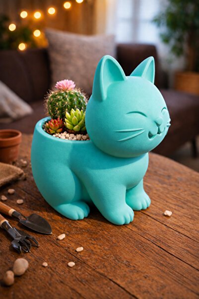 Otscraft Studio Kedi Sukulent Saksısı 3D Baskı Dekoratif Çiçek Saksısı Masaüs...