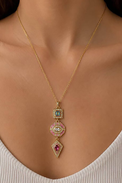 TAKIŞTIR Altın Renk Pembe Mineli Çelik Kolye