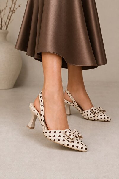 Ayakkabı Consept Women's Polka Dot Heeled Shoes with Bow Detail and Pointed T...