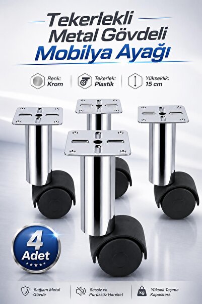 NZB (4 Pieces) Metal Body with Plastic Wheels 15 cm Chrome Furniture Coffee T...
