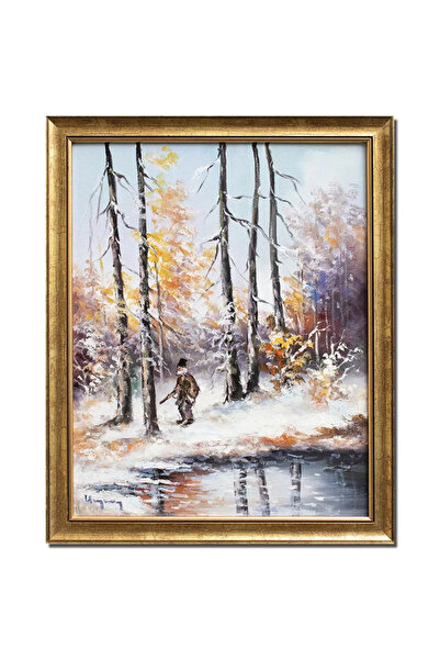 artnova Рамкирана ръчно рисувана картина на зимен пейзаж с ловец, 55x45 см, м...