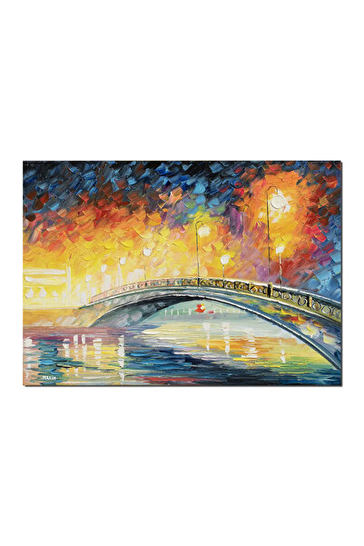 artnova Ръчно рисувана картина, Градски пейзаж, мост, осветен с фенери, 70x50...