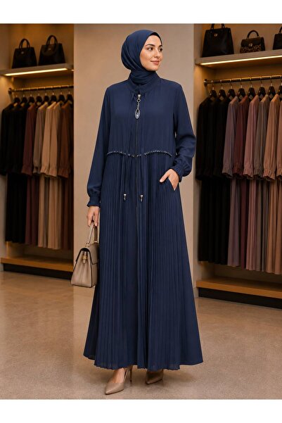 PAYİNİ 2194 Pilelized Zippered Ferace with Stone Details and Pockets