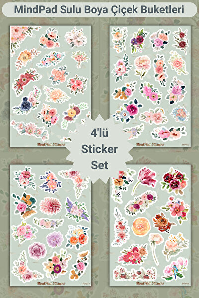 Mindpad 4'lü Sulu Boya Çiçek Buketleri Sticker Seti - 8x12 cm Suya Dayanıklı ...