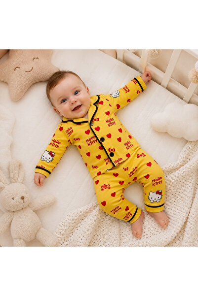 cles couture Hello Kiti baskılı alt üst bebek pijama takımı-%100 PAMUKLU-Uzun...